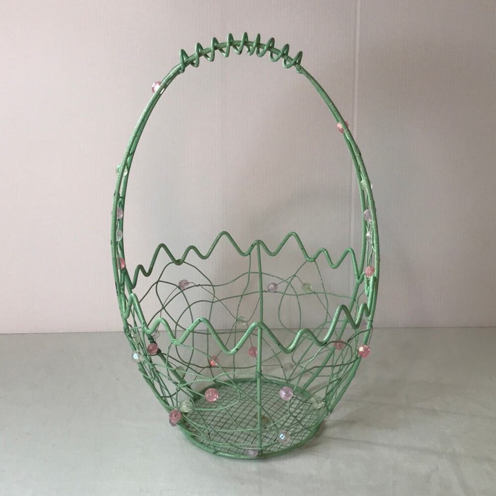 Green Multicolor Spring Decorative Vintage 90’s Metal Wire Basket with Handle